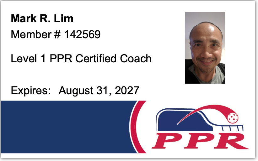 Mark Lim's PPR pickleball coaching certificate